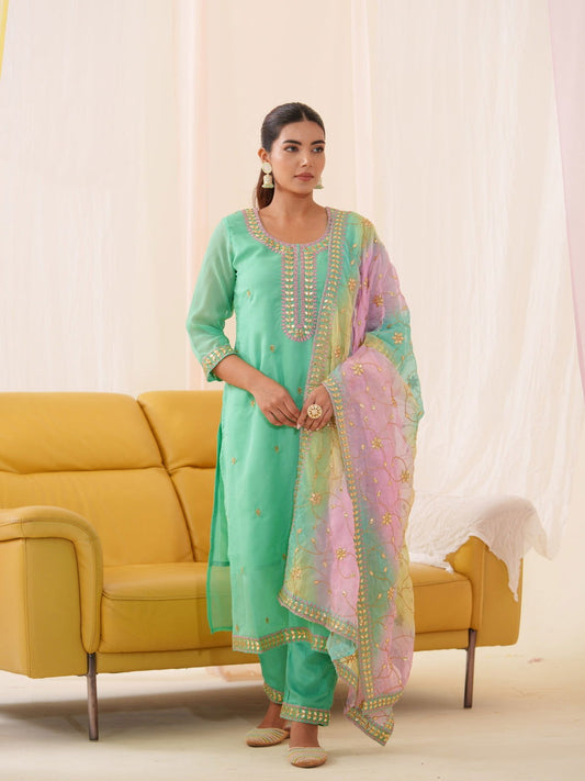 Poly Organza Green Embroidered Kurta With Trousers & Dupatta - Buy Best Ethnic Wear for Women & Girls | Daily Woman - 