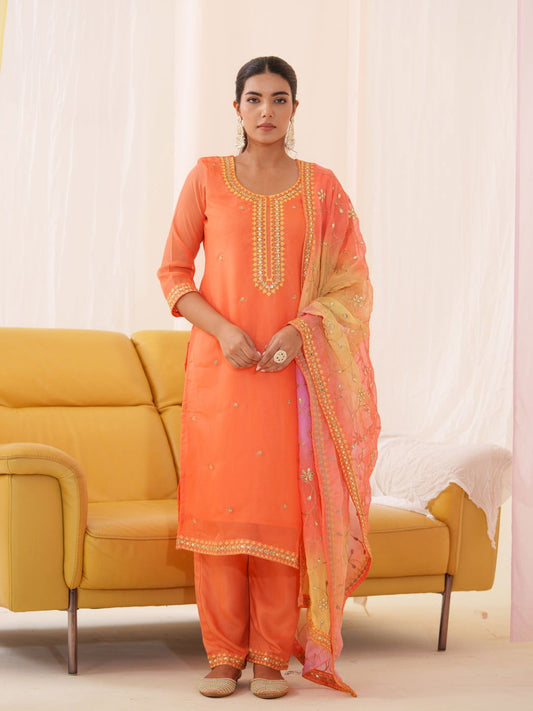 Poly Organza Orange Color Embroidered Kurta With Trousers & Dupatta - Buy Best Ethnic Wear for Women & Girls | Daily Woman - 