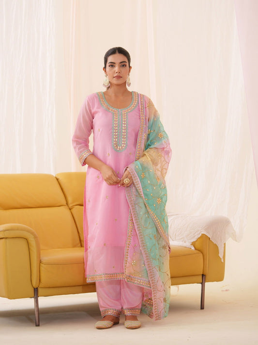 Poly Organza Pink Color Embroidered Kurta With Trousers & Dupatta - Buy Best Ethnic Wear for Women & Girls | Daily Woman - 