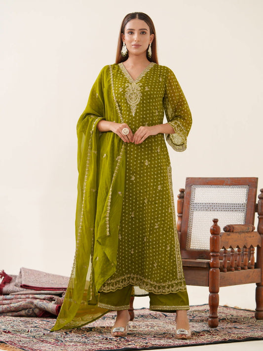 Poly Organza Printed With Embroidered Kurta With Trousers & Dupatta - Buy Best Ethnic Wear for Women & Girls | Daily Woman - 
