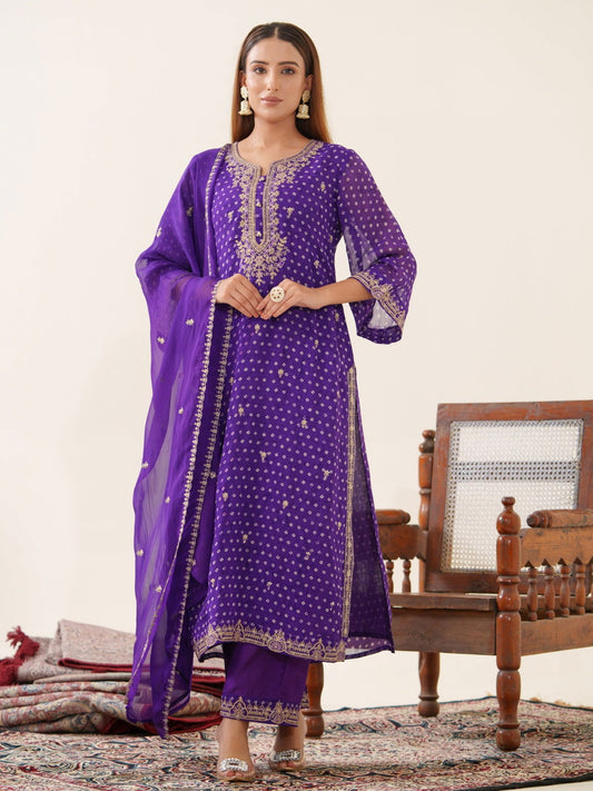 Poly Organza Purple Color Floral Embroidered Organza Straight Kurta With Trousers & Dupatta - Buy Best Ethnic Wear for Women & Girls | Daily Woman - 