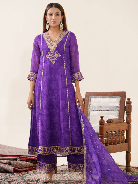 Poly Organza Purple Color Woven Design Kurta With Trousers & Dupatta - Buy Best Ethnic Wear for Women & Girls | Daily Woman - 