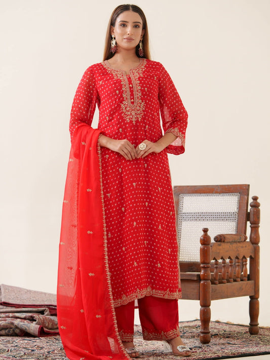 Poly Organza Rad Color Floral Embroidered Organza Straight Kurta Kurta With Trousers & Dupatta - Buy Best Ethnic Wear for Women & Girls | Daily Woman -