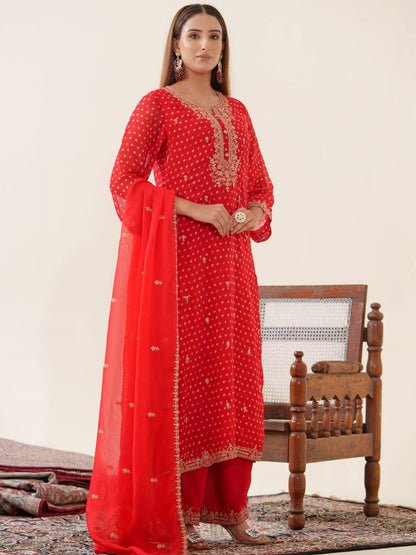 Poly Organza Rad Color Floral Embroidered Organza Straight Kurta Kurta With Trousers & Dupatta - Buy Best Ethnic Wear for Women & Girls | Daily Woman - 