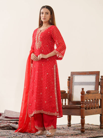 Poly Organza Rad Color Floral Embroidered Organza Straight Kurta Kurta With Trousers & Dupatta - Buy Best Ethnic Wear for Women & Girls | Daily Woman - 