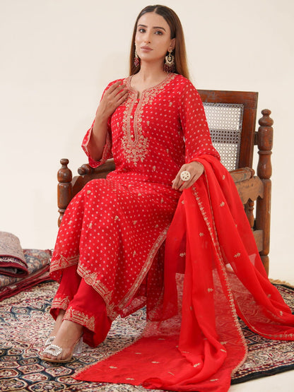 Poly Organza Rad Color Floral Embroidered Organza Straight Kurta Kurta With Trousers & Dupatta - Buy Best Ethnic Wear for Women & Girls | Daily Woman - 