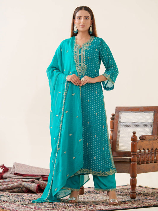 Poly Organza Rama Color Floral Embroidered Organza Straight Kurta With Trousers & Dupatta - Buy Best Ethnic Wear for Women & Girls | Daily Woman - 