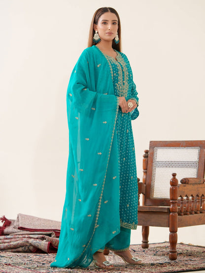 Poly Organza Rama Color Floral Embroidered Organza Straight Kurta With Trousers & Dupatta - Buy Best Ethnic Wear for Women & Girls | Daily Woman - 