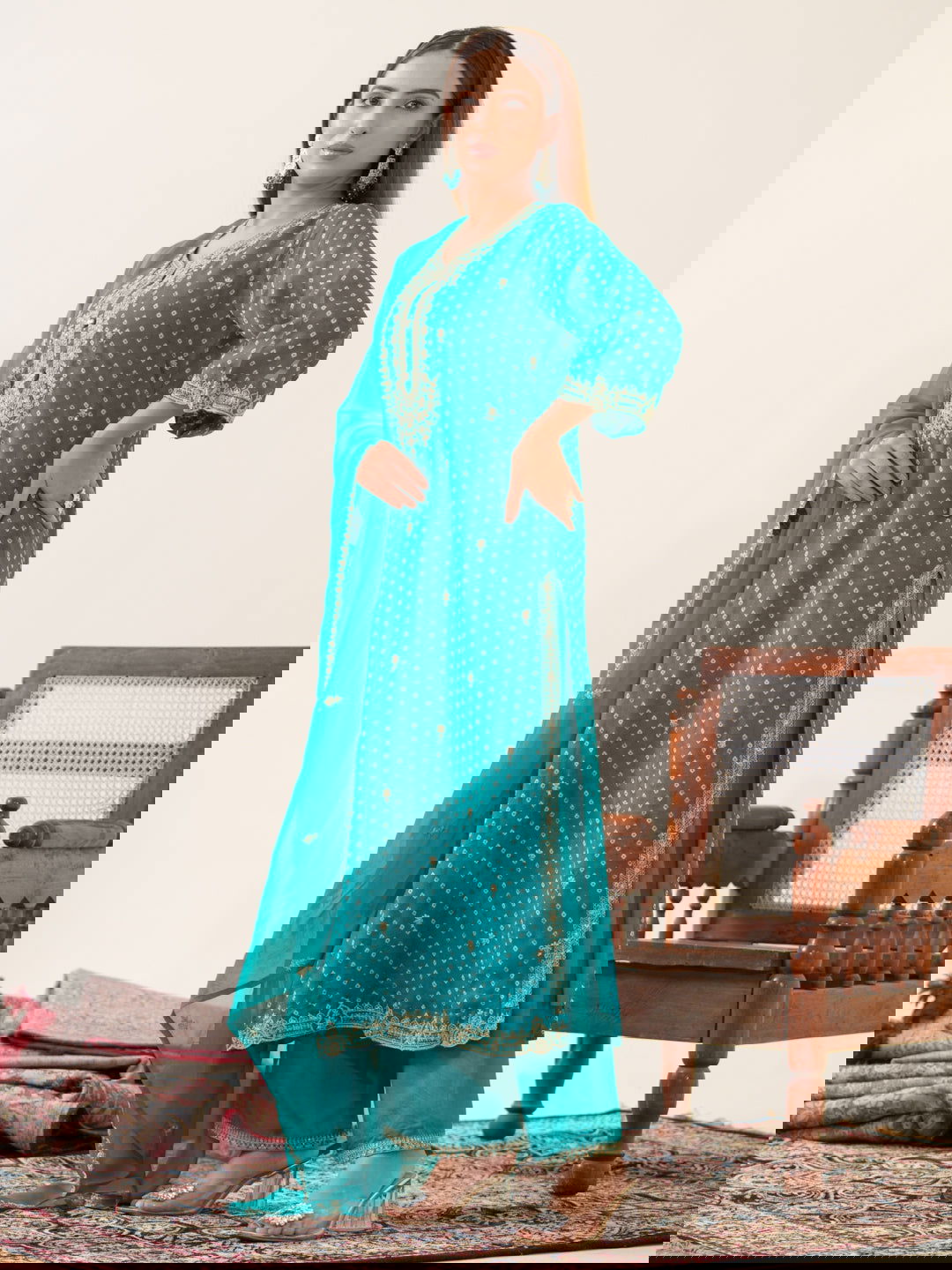 Poly Organza Rama Color Floral Embroidered Organza Straight Kurta With Trousers & Dupatta - Buy Best Ethnic Wear for Women & Girls | Daily Woman - 