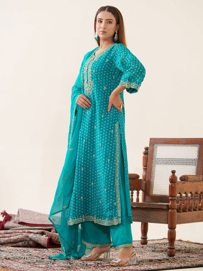 Poly Organza Rama Color Floral Embroidered Organza Straight Kurta With Trousers & Dupatta - Buy Best Ethnic Wear for Women & Girls | Daily Woman - 