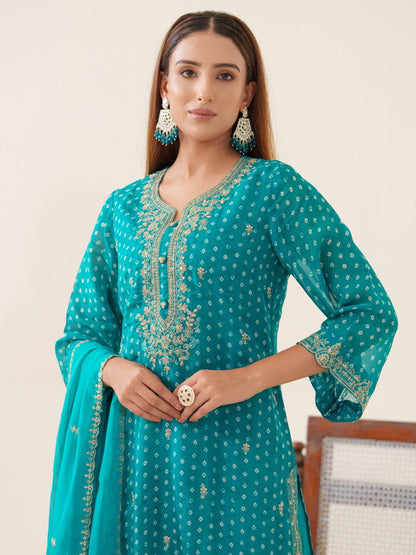 Poly Organza Rama Color Floral Embroidered Organza Straight Kurta With Trousers & Dupatta - Buy Best Ethnic Wear for Women & Girls | Daily Woman - 