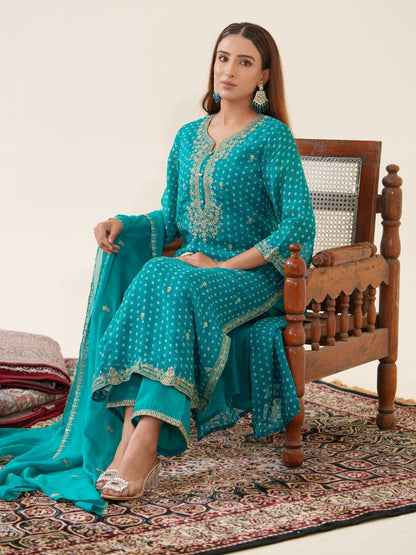 Poly Organza Rama Color Floral Embroidered Organza Straight Kurta With Trousers & Dupatta - Buy Best Ethnic Wear for Women & Girls | Daily Woman - 