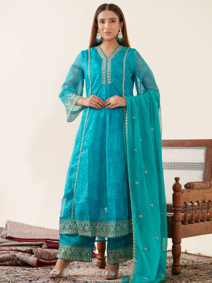 Poly Organza Rama Color Woven Design Kurta Sets - Buy Best Ethnic Wear for Women & Girls | Daily Woman - 