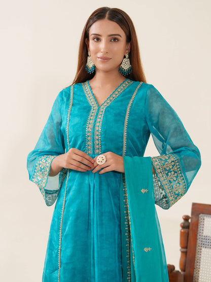 Poly Organza Rama Color Woven Design Kurta Sets - Buy Best Ethnic Wear for Women & Girls | Daily Woman - 