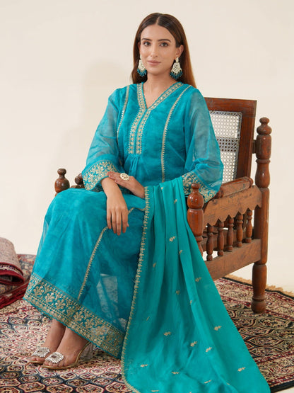 Poly Organza Rama Color Woven Design Kurta Sets - Buy Best Ethnic Wear for Women & Girls | Daily Woman - 