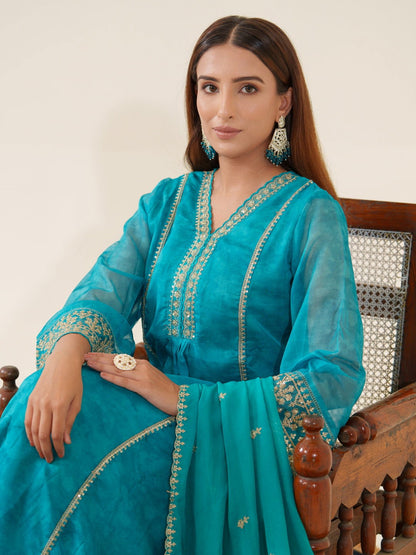 Poly Organza Rama Color Woven Design Kurta Sets - Buy Best Ethnic Wear for Women & Girls | Daily Woman - 