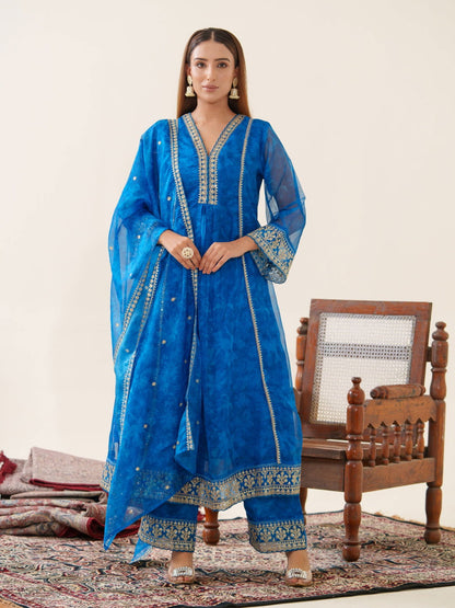 Poly Organza Royal Blue Color Woven Design Kurta With Trousers & Dupatta - Buy Best Ethnic Wear for Women & Girls | Daily Woman - 