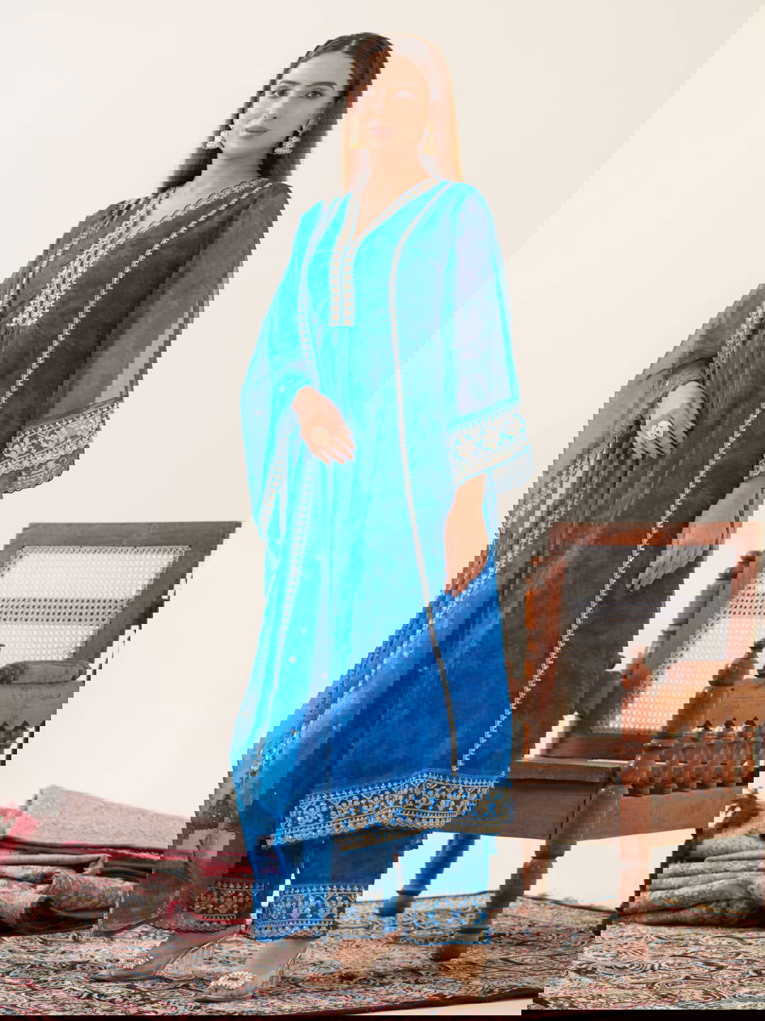 Poly Organza Royal Blue Color Woven Design Kurta With Trousers & Dupatta - Buy Best Ethnic Wear for Women & Girls | Daily Woman - 