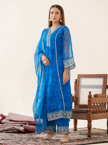 Poly Organza Royal Blue Color Woven Design Kurta With Trousers & Dupatta - Buy Best Ethnic Wear for Women & Girls | Daily Woman - 