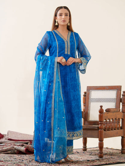 Poly Organza Royal Blue Color Woven Design Kurta With Trousers & Dupatta - Buy Best Ethnic Wear for Women & Girls | Daily Woman - 