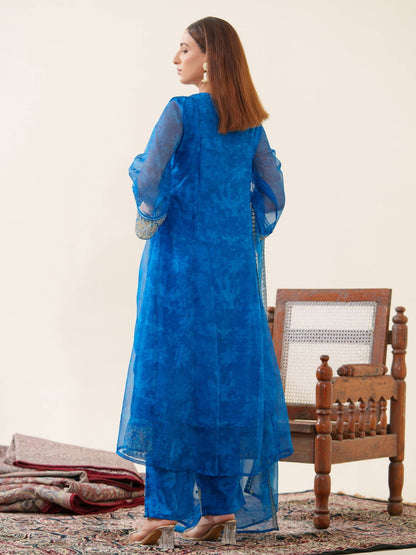Poly Organza Royal Blue Color Woven Design Kurta With Trousers & Dupatta - Buy Best Ethnic Wear for Women & Girls | Daily Woman - 