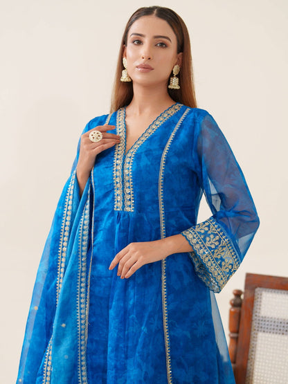 Poly Organza Royal Blue Color Woven Design Kurta With Trousers & Dupatta - Buy Best Ethnic Wear for Women & Girls | Daily Woman - 
