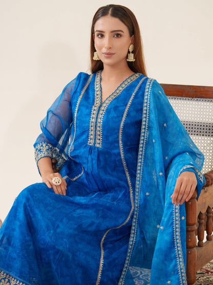 Poly Organza Royal Blue Color Woven Design Kurta With Trousers & Dupatta - Buy Best Ethnic Wear for Women & Girls | Daily Woman - 