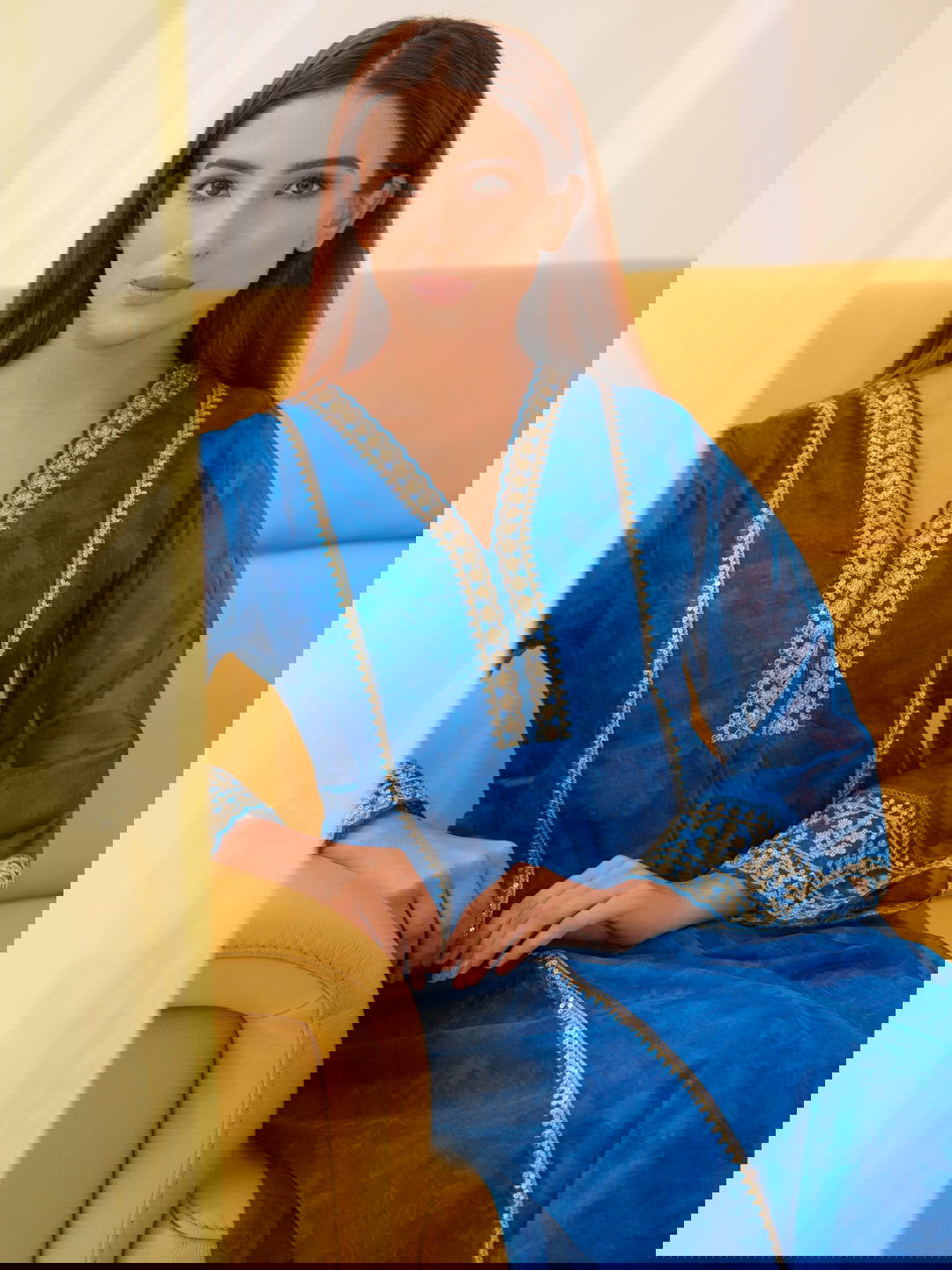 Poly Organza Royal Blue Color Woven Design Kurta With Trousers & Dupatta - Buy Best Ethnic Wear for Women & Girls | Daily Woman - 