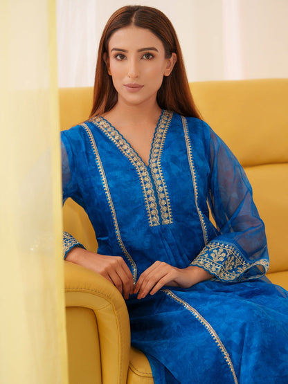 Poly Organza Royal Blue Color Woven Design Kurta With Trousers & Dupatta - Buy Best Ethnic Wear for Women & Girls | Daily Woman - 