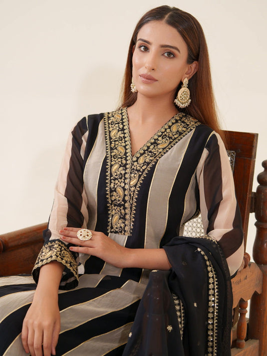 Poly Organza Striped With Embroidered Kurta With Trousers & Dupatta - Buy Best Ethnic Wear for Women & Girls | Daily Woman - 