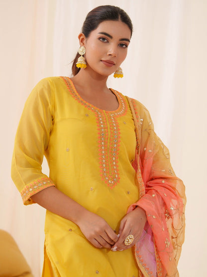 Poly Organza Yellow Color Embroidered Kurta With Trousers & Dupatta - Buy Best Ethnic Wear for Women & Girls | Daily Woman - 