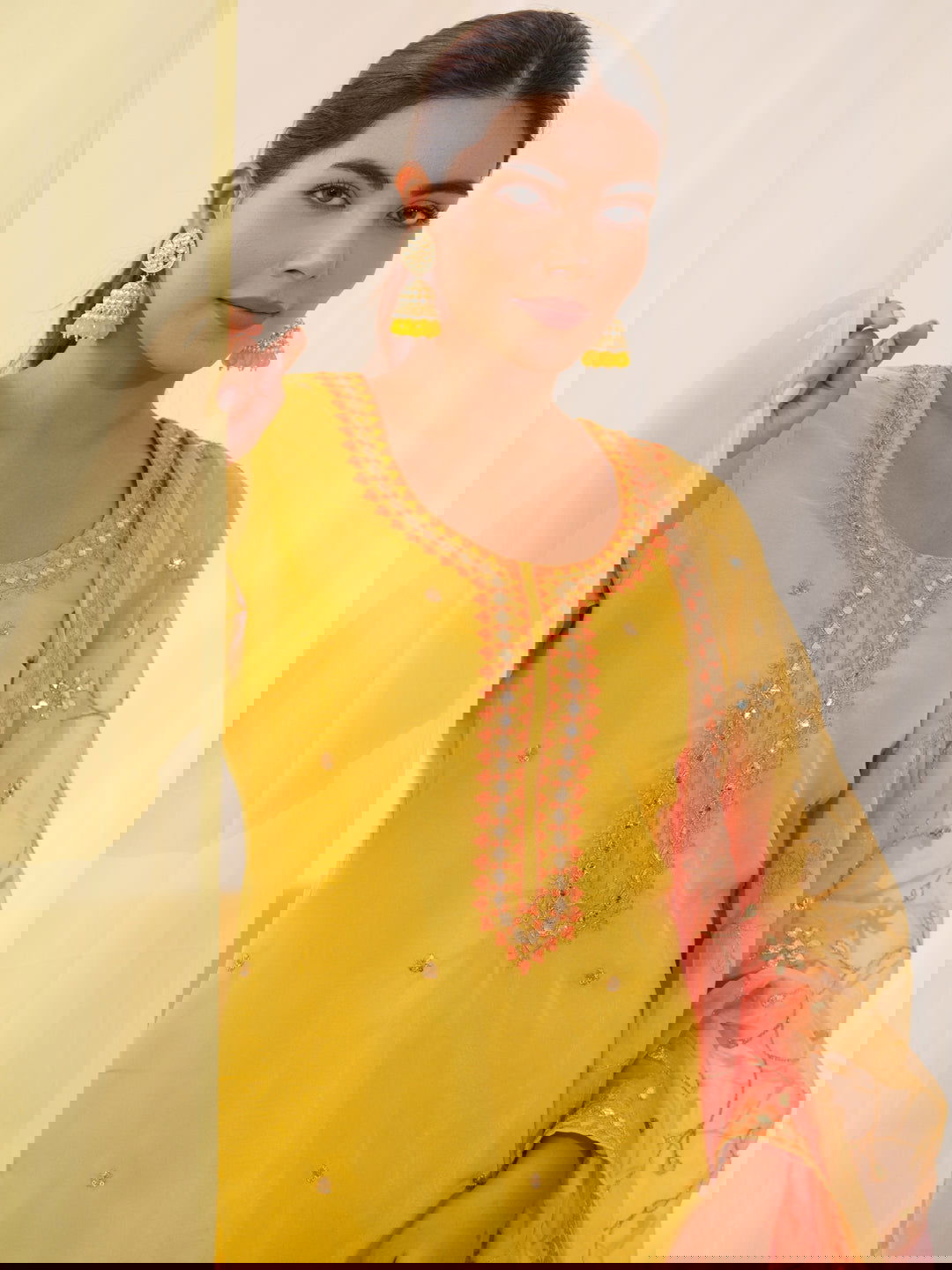 Poly Organza Yellow Color Embroidered Kurta With Trousers & Dupatta - Buy Best Ethnic Wear for Women & Girls | Daily Woman - 