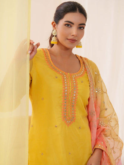 Poly Organza Yellow Color Embroidered Kurta With Trousers & Dupatta - Buy Best Ethnic Wear for Women & Girls | Daily Woman - 