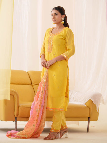 Poly Organza Yellow Color Embroidered Kurta With Trousers & Dupatta - Buy Best Ethnic Wear for Women & Girls | Daily Woman - 