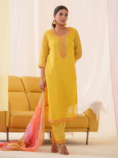 Poly Organza Yellow Color Embroidered Kurta With Trousers & Dupatta - Buy Best Ethnic Wear for Women & Girls | Daily Woman - 