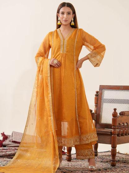 Poly Organza Yellow Color Woven Design Kurta With Trousers & Dupatta - Buy Best Ethnic Wear for Women & Girls | Daily Woman - 