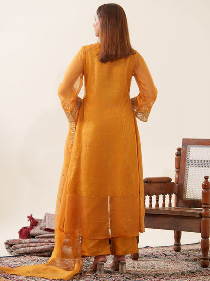 Poly Organza Yellow Color Woven Design Kurta With Trousers & Dupatta - Buy Best Ethnic Wear for Women & Girls | Daily Woman - 
