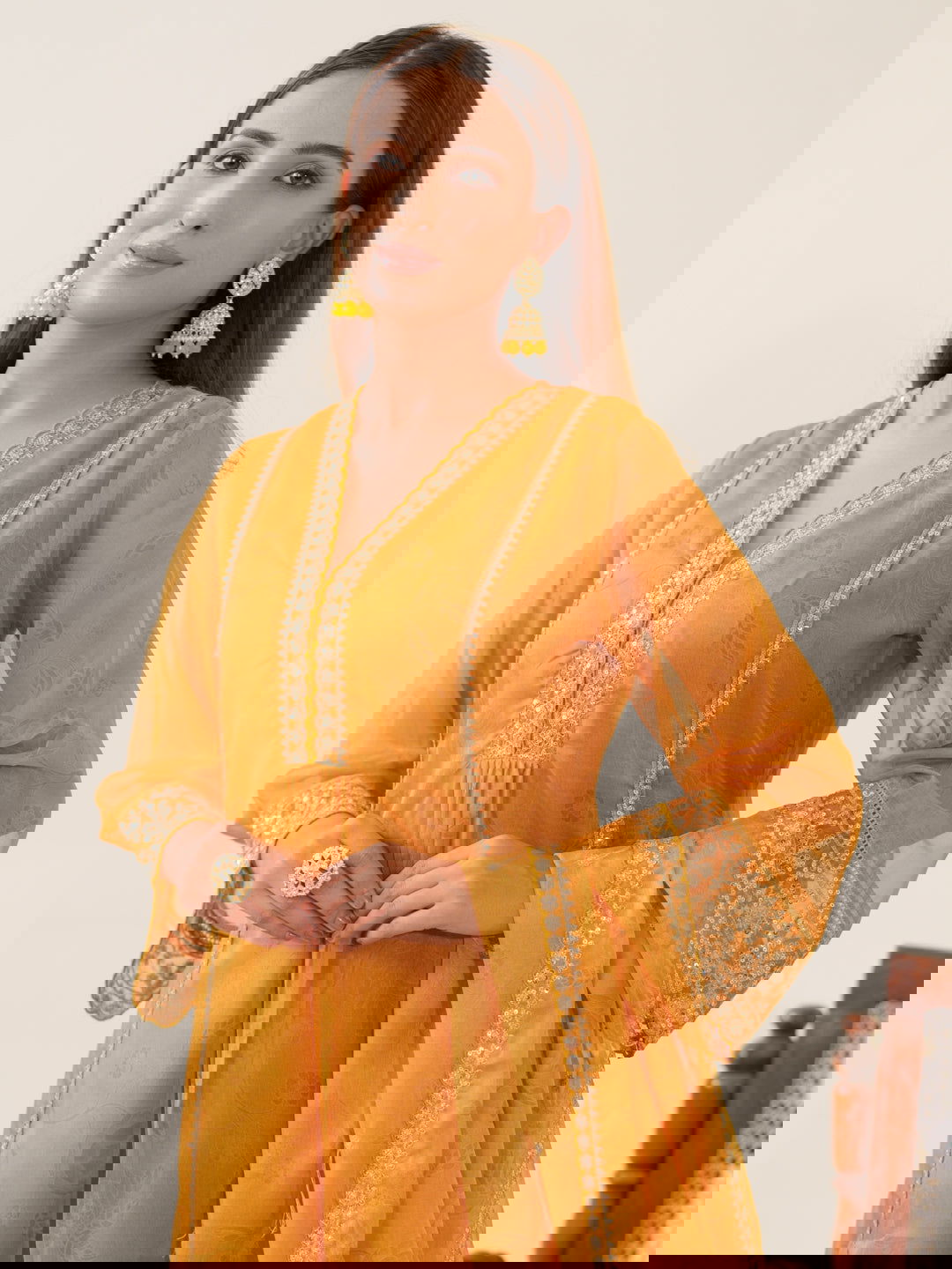 Poly Organza Yellow Color Woven Design Kurta With Trousers & Dupatta - Buy Best Ethnic Wear for Women & Girls | Daily Woman - 