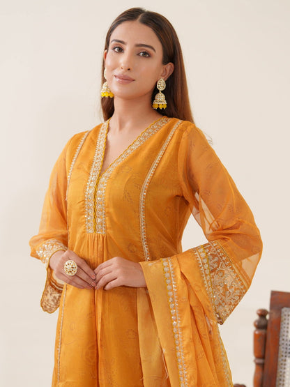 Poly Organza Yellow Color Woven Design Kurta With Trousers & Dupatta - Buy Best Ethnic Wear for Women & Girls | Daily Woman - 