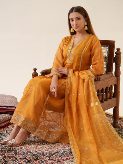 Poly Organza Yellow Color Woven Design Kurta With Trousers & Dupatta - Buy Best Ethnic Wear for Women & Girls | Daily Woman - 