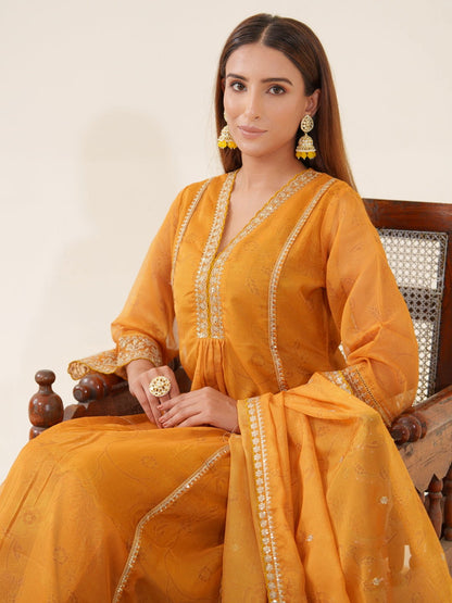 Poly Organza Yellow Color Woven Design Kurta With Trousers & Dupatta - Buy Best Ethnic Wear for Women & Girls | Daily Woman - 