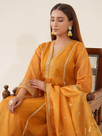 Poly Organza Yellow Color Woven Design Kurta With Trousers & Dupatta - Buy Best Ethnic Wear for Women & Girls | Daily Woman - 