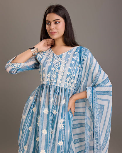 Printed & Embroidered A-Line Kurti With Sharara & Dupatta Set - Buy Best Ethnic Wear for Women & Girls | Daily Woman - 