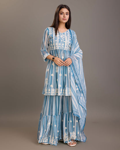 Printed & Embroidered A-Line Kurti With Sharara & Dupatta Set - Buy Best Ethnic Wear for Women & Girls | Daily Woman - 
