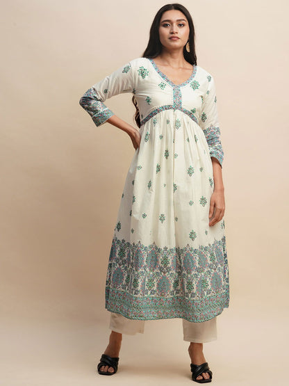 Printed & Embroidered Pure Cotton A-Line Kurta With Trouser & Dupatta Set - Buy Best Ethnic Wear for Women & Girls | Daily Woman - 