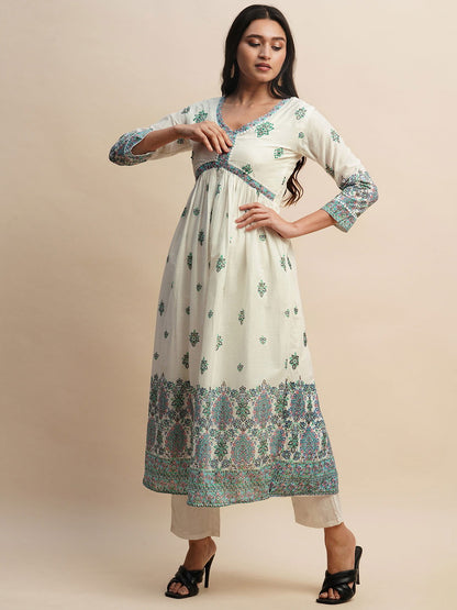 Printed & Embroidered Pure Cotton A-Line Kurta With Trouser & Dupatta Set - Buy Best Ethnic Wear for Women & Girls | Daily Woman - 