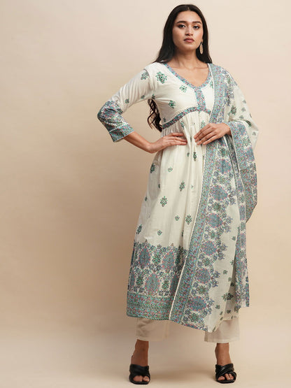 Printed & Embroidered Pure Cotton A-Line Kurta With Trouser & Dupatta Set - Buy Best Ethnic Wear for Women & Girls | Daily Woman - 