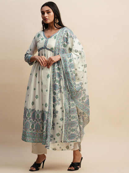 Printed & Embroidered Pure Cotton A-Line Kurta With Trouser & Dupatta Set - Buy Best Ethnic Wear for Women & Girls | Daily Woman - 