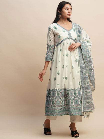 Printed & Embroidered Pure Cotton A-Line Kurta With Trouser & Dupatta Set - Buy Best Ethnic Wear for Women & Girls | Daily Woman - 
