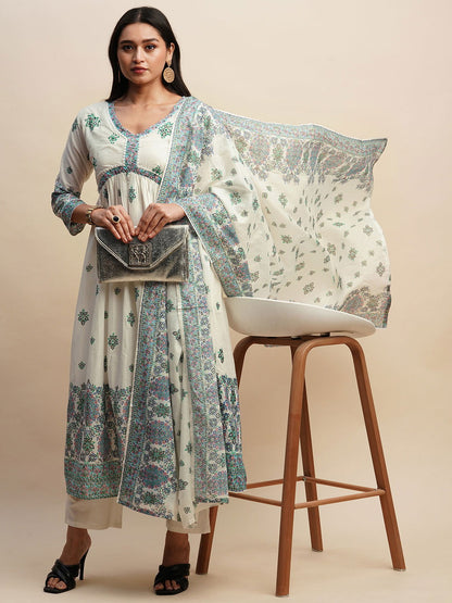 Printed & Embroidered Pure Cotton A-Line Kurta With Trouser & Dupatta Set - Buy Best Ethnic Wear for Women & Girls | Daily Woman - 